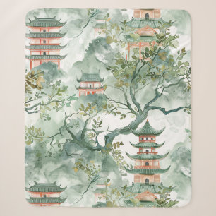 Ivoren Pagode Sage Botanische Chinoiserie Sherpa Deken