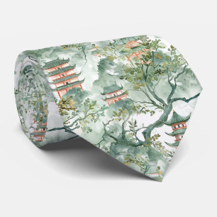Ivoren Pagode Sage Botanische Chinoiserie Stropdas