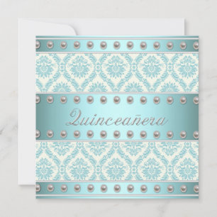 Ivoren parels Turquoise Blauw Witte Damast Quincea Kaart