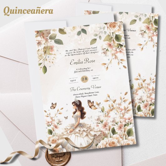 Ivoren Quinceanera-jurk Bloemvlinders Elegant Kaart