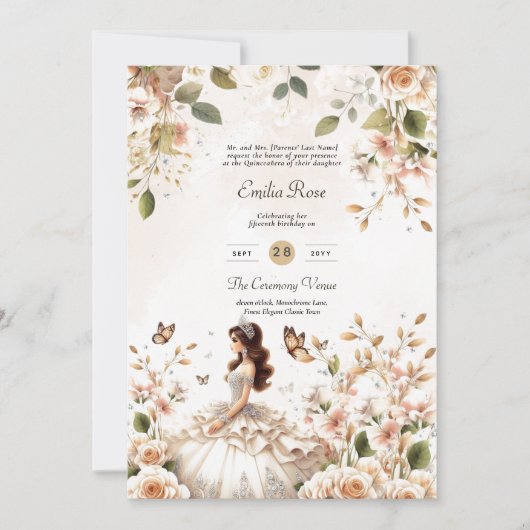 Ivoren Quinceanera-jurk Bloemvlinders Elegant Kaart (Voorkant)