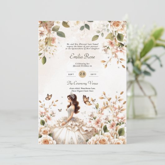 Ivoren Quinceanera-jurk Bloemvlinders Elegant Kaart (Staand voorkant)