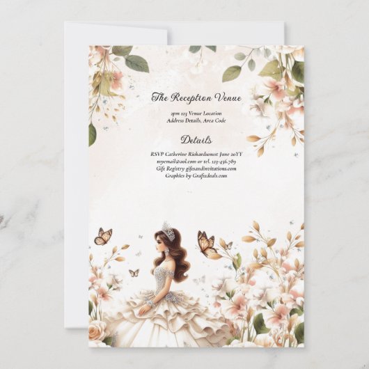 Ivoren Quinceanera-jurk Bloemvlinders Elegant Kaart (Achterkant)