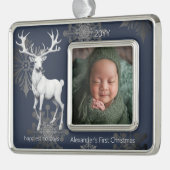 Ivoren rendier baby's eerste kerst | Blauw Verzilverd Omlijst Ornament (Links)