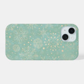 Ivoren sneeuwvlokken op een mintgroene Kerst iPhone 15 Case (Achterkant horizontaal)