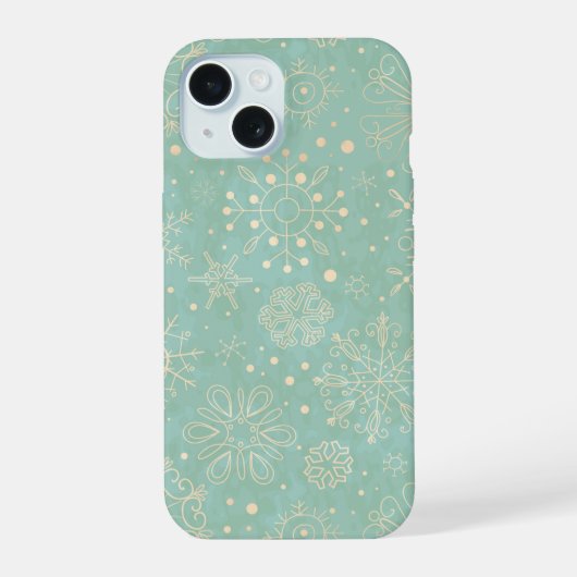 Ivoren sneeuwvlokken op een mintgroene Kerst iPhone 15 Case (Achterkant)