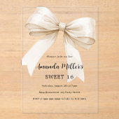 Ivoren strik elegant helder Sweet 16 luxe Acryl Uitnodigingen (Voorkant)
