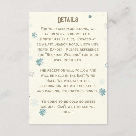 Ivoren Winter Wonderland Sneeuwvlok Bruiloft Detai Informatiekaartje (Voorkant)
