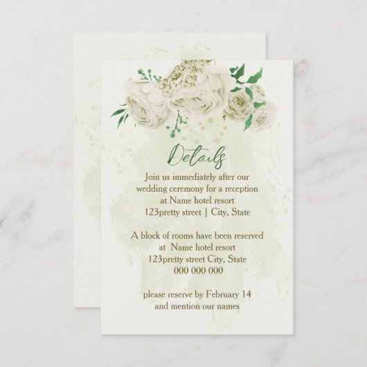 Ivoren witte bloemen groen bruiloft details informatiekaartje (Voorkant / Achterkant)