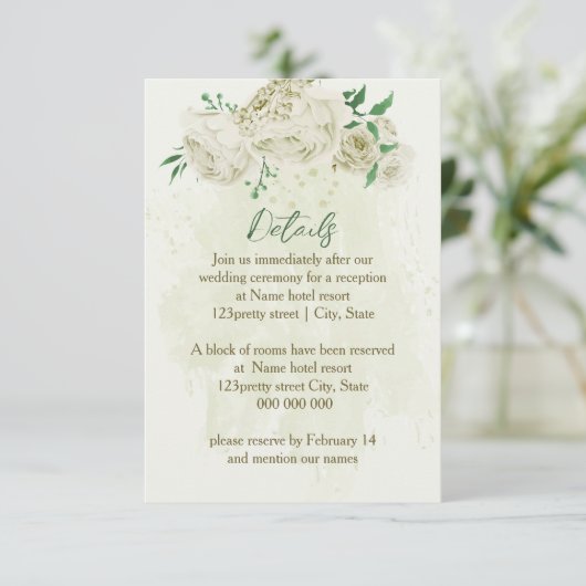 Ivoren witte bloemen groen bruiloft details informatiekaartje (Staand voorkant)