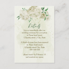 Ivoren witte bloemen groen bruiloft details informatiekaartje