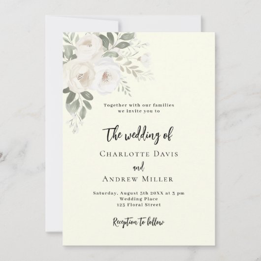 Ivoren witte bloemen huwelijksuitnodiging kaart (Voorkant)