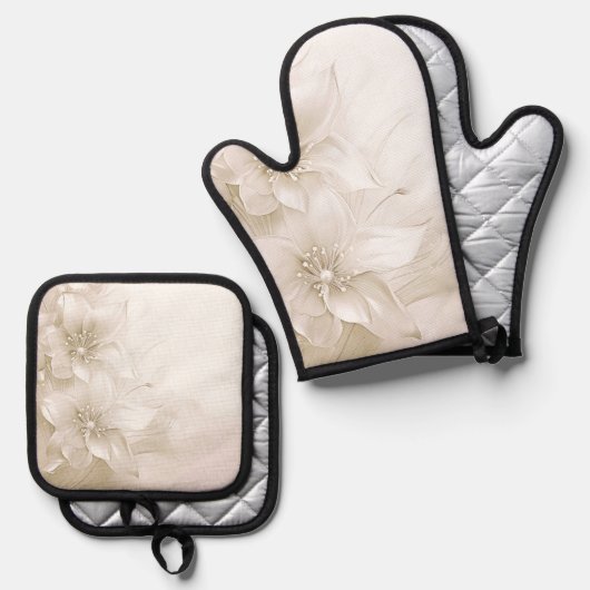 Ivoren Witte Bloemen Ovenwant & Pannenlap Set (Voorkant / Achterkant)