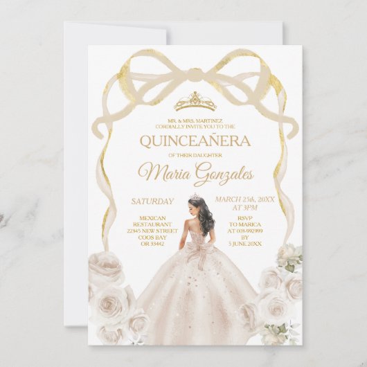 Ivoren witte boog prinses gouden kroon Quinceañera Kaart (Voorkant)