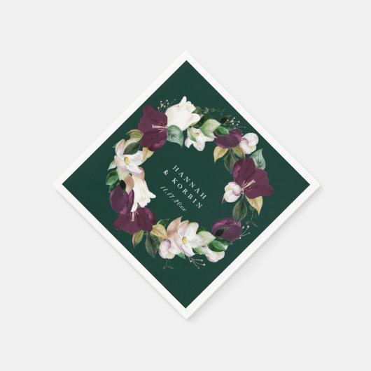 Ivoren Witte Pruimkleurige Bloemenkrans in Smaragd Servet (Hoek)