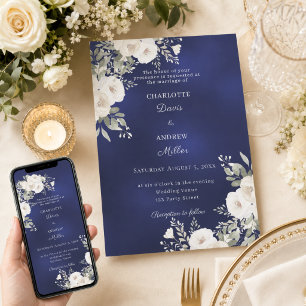 Ivoren witte rozen bloemen blauw bruiloft kaart