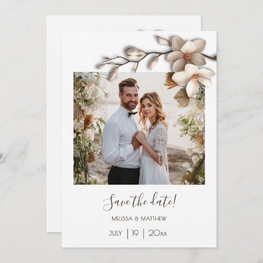 Ivory 3D Magnolia Flower Save The Date (Voorkant / Achterkant)