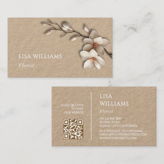 Ivory 3D Magnolia Rustic | QR Code Visitekaartje (Voorkant / Achterkant)