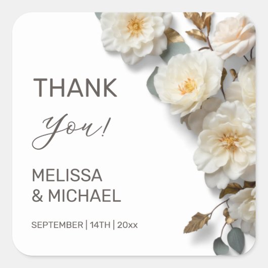 Ivory 3D Roses Wedding Thank You Vierkante Sticker (Voorkant)