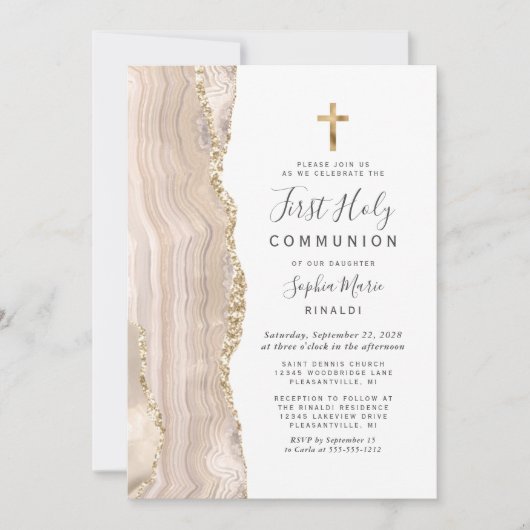 Ivory Agate Gold Glitter First Heilige Communie Kaart (Voorkant)