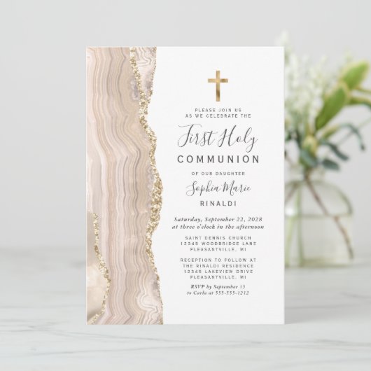 Ivory Agate Gold Glitter First Heilige Communie Kaart (Staand voorkant)
