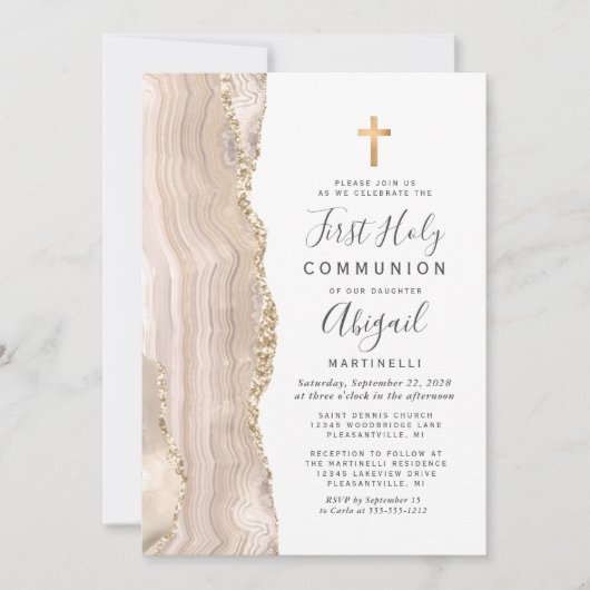 Ivory Agate Gold Glitter First Heilige Communie Kaart (Voorkant)
