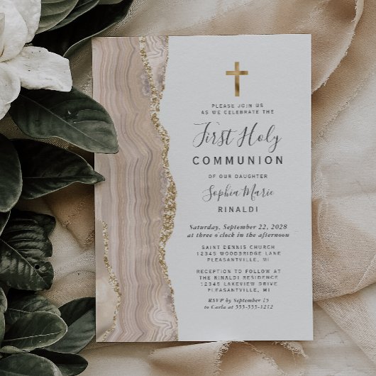 Ivory Agate Gold Glitter First Heilige Communie Kaart