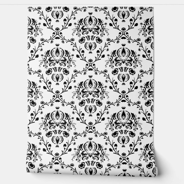 Ivory and Black Damask Behang (Afrollen)