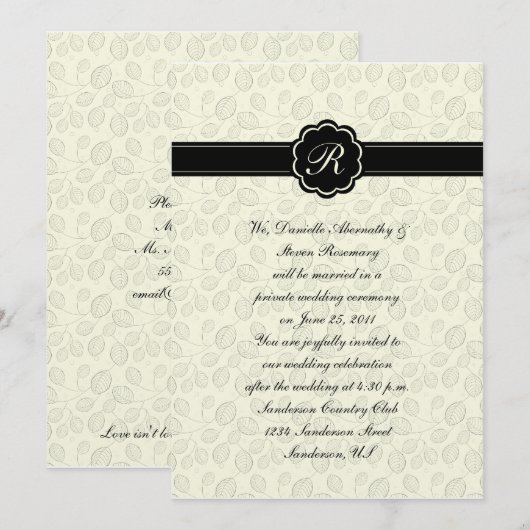 Ivory and Black Leaf Monogram Post Wedding Cele Kaart (Voorkant / Achterkant)