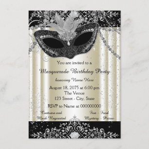 Ivory and Black Pearl Glitter Masquerade Party Kaart
