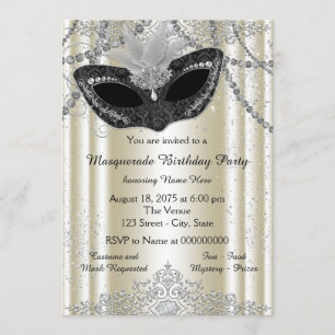 Ivory and Black Pearl Masquerade Party Kaart