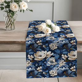 Ivory and Blue Flowers Luxury Table Runner Lange Tafelloper
