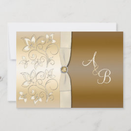 Ivory and Bronze Floral Monogrammed Invitation Kaart