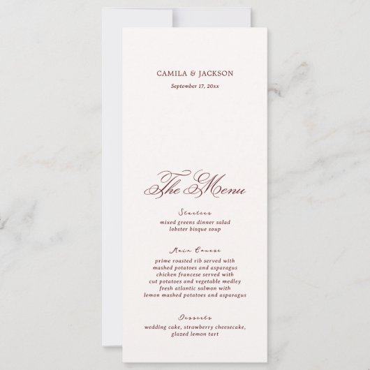 Ivory And Burgundy Wedding Menu Card Kaart (Voorkant)