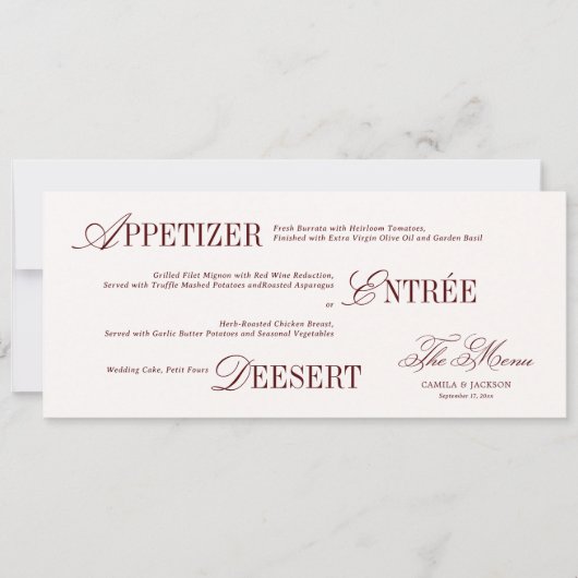 Ivory and Burgundy Wedding Menu Card Kaart (Voorkant)