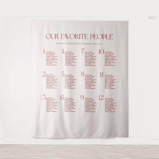 Ivory and Burgundy Wedding Seating Chart Fabric  Wandkleed (Voorkant)