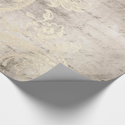 Ivory and Gold Grunge Damask-kalligrafie Cadeaupapier (Hoek)