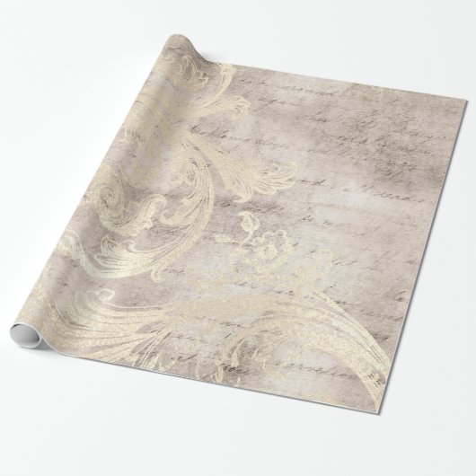 Ivory and Gold Grunge Damask-kalligrafie Cadeaupapier (Uitgerold)