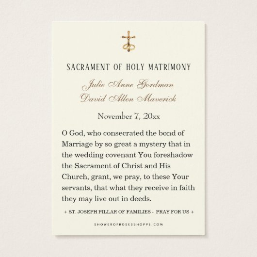 Ivory and Gold katholieke St. Joseph Wedding Praye Visitekaartje (Achterkant)