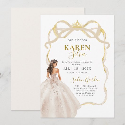 Ivory and Gold Quinceanera Invitation Kaart (Voorkant / Achterkant)