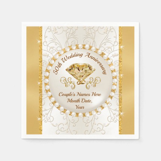 Ivory and Golden Wedding Jubileum Napkins, 50th Servet (Voorkant)