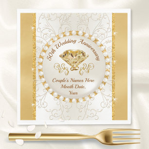 Ivory and Golden Wedding Jubileum Napkins, 50th Servet