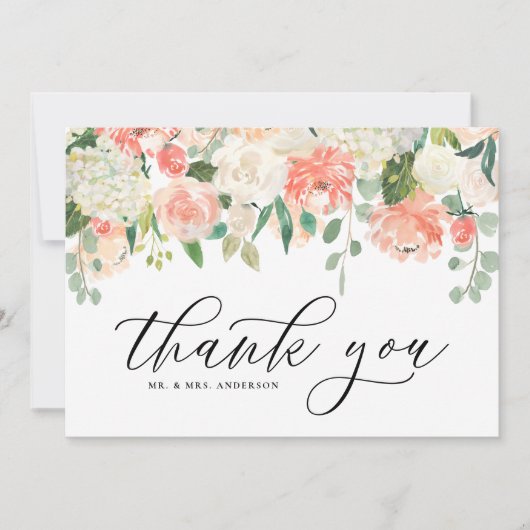 Ivory and Peach Waterverf Peony en Hydrangea Bedankkaart (Voorkant)