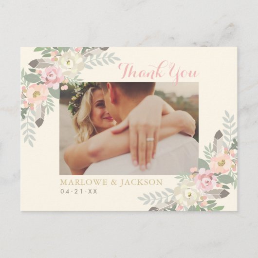 Ivory and Pink Floral Boho Wedding Foto Dank je Briefkaart (Voorkant)