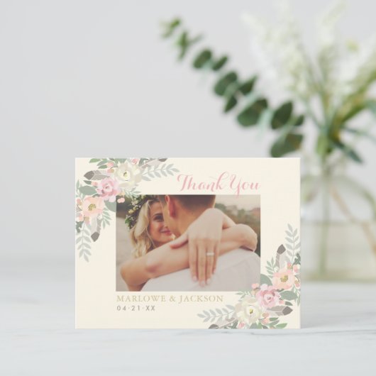 Ivory and Pink Floral Boho Wedding Foto Dank je Briefkaart (Staand voorkant)