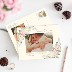 Ivory and Pink Floral Boho Wedding Foto Dank je Briefkaart