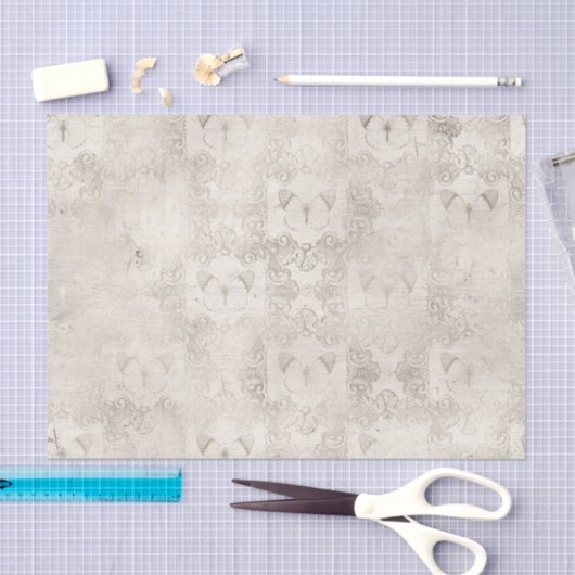 Ivory and White Butterfly Damask Tissuepapier (Craft)