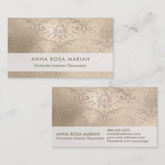 *~* Ivory Antiek Aged Iridescent Damask Visitekaartje (Voorkant / Achterkant)