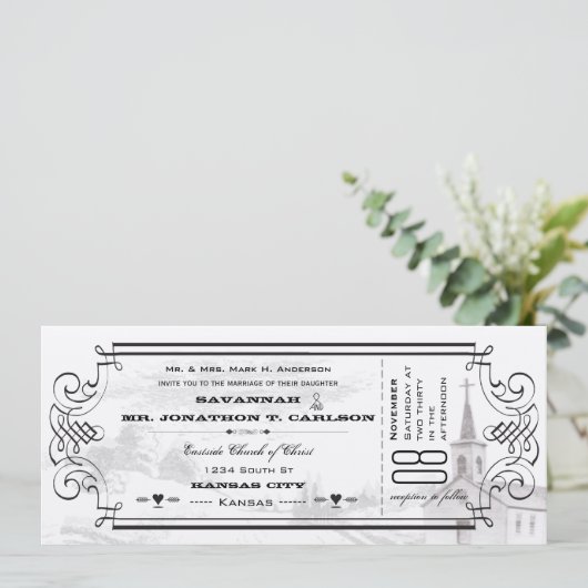 Ivory Background Black Font Chapel Ticket Weddensc Kaart (Staand voorkant)