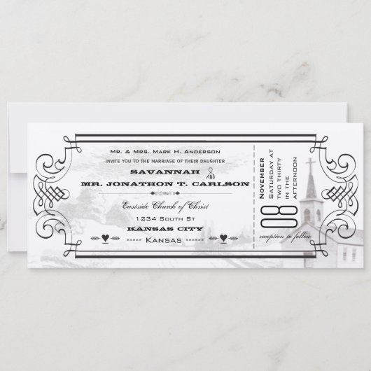 Ivory Background Black Font Chapel Ticket Weddensc Kaart (Voorkant)